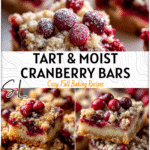 Close-up of moist Christmas cranberry bars topped with fresh cranberries and crumble for a Holiday Cranberry Desserts look 2